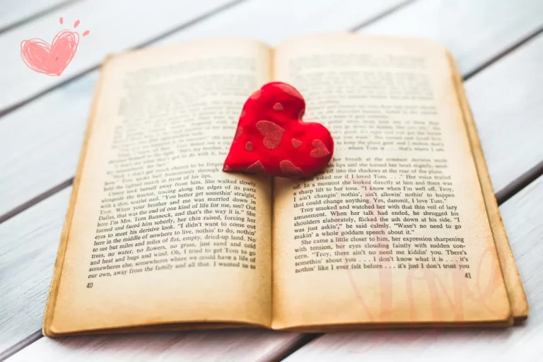 open book with red heart textile